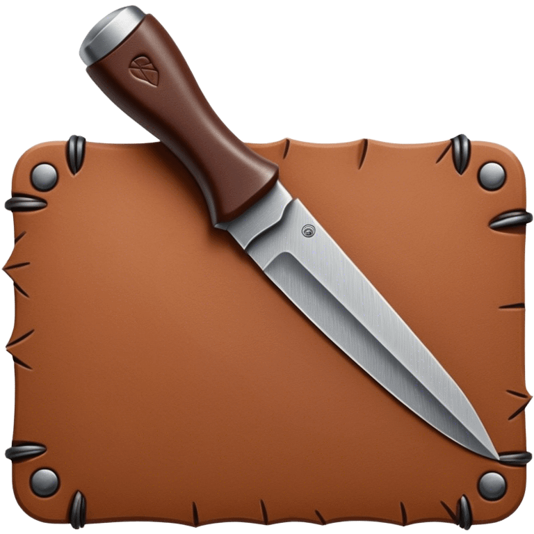 Leatherworking icon, big piece of raw leather with started engraving, engraving tool or chisel, stamp and press, textured surface, minimalistic style, clean lines, transparent background. emoji