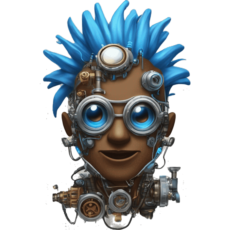 Brown cyborg head with blue Mohawk, blue beard, silver steampunk monocle goggles a smile and circuits emoji