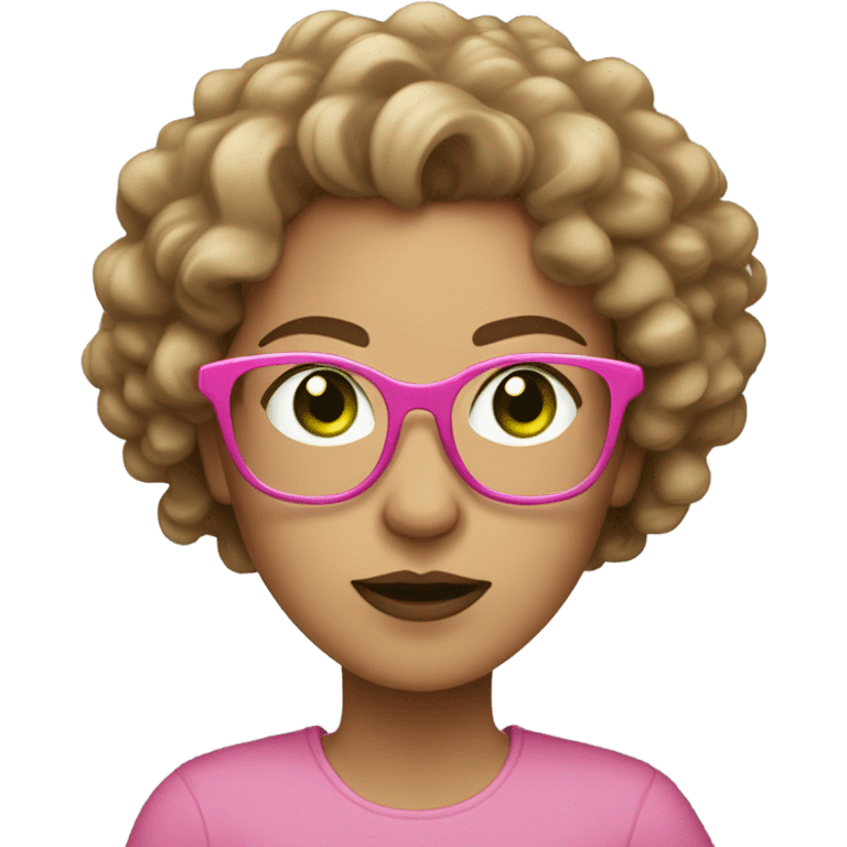 light skinned woman with light brown curly hair, green eyes, and oversized pink glasses shrugging emoji