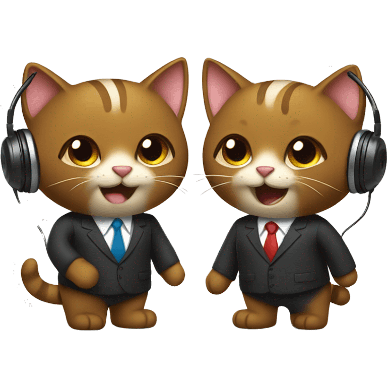 Two brown happy cats, shaking hands in suits with headphones on.   emoji