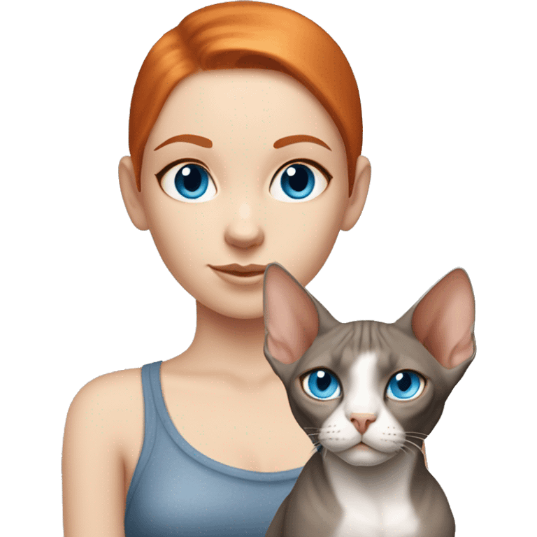 White skin girl with ginger hair and blue eyes with gray sphynx cat  emoji