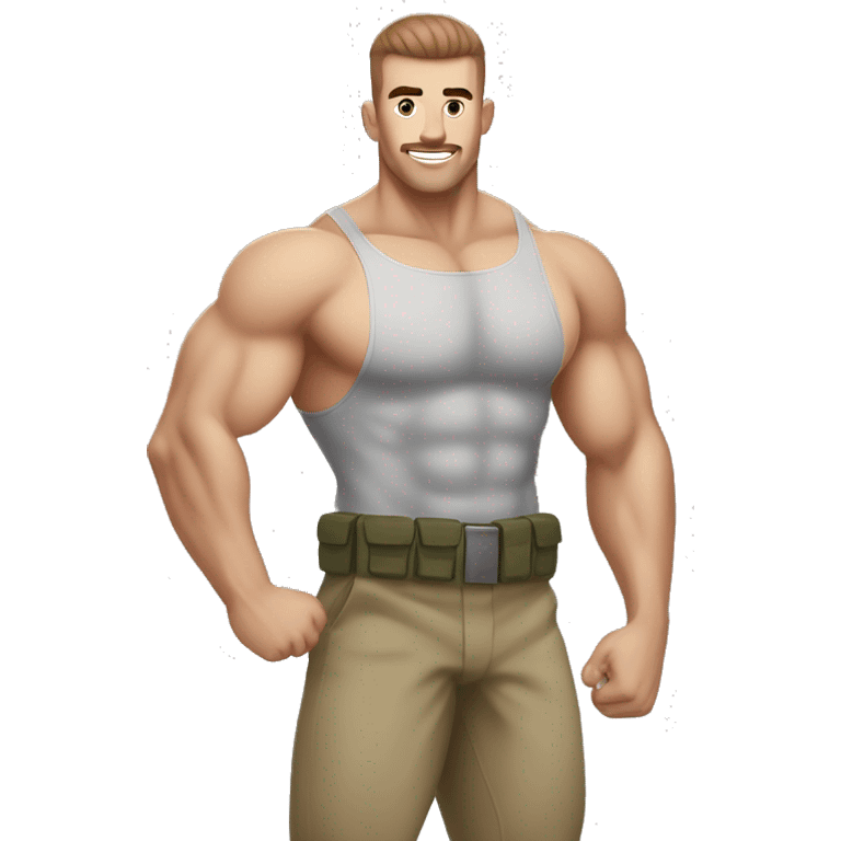 White skinned, Shirtless, brown hair, hairy body, Bodybuilder, biceps, high and tight military haircut emoji