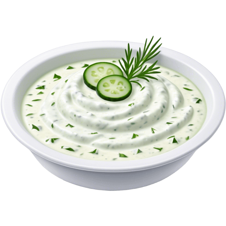 Cinematic Realistic Tzatziki Dish Emoji, featuring a creamy, tangy yogurt sauce with cucumber and herbs rendered with soft textures and cool, refreshing lighting. emoji