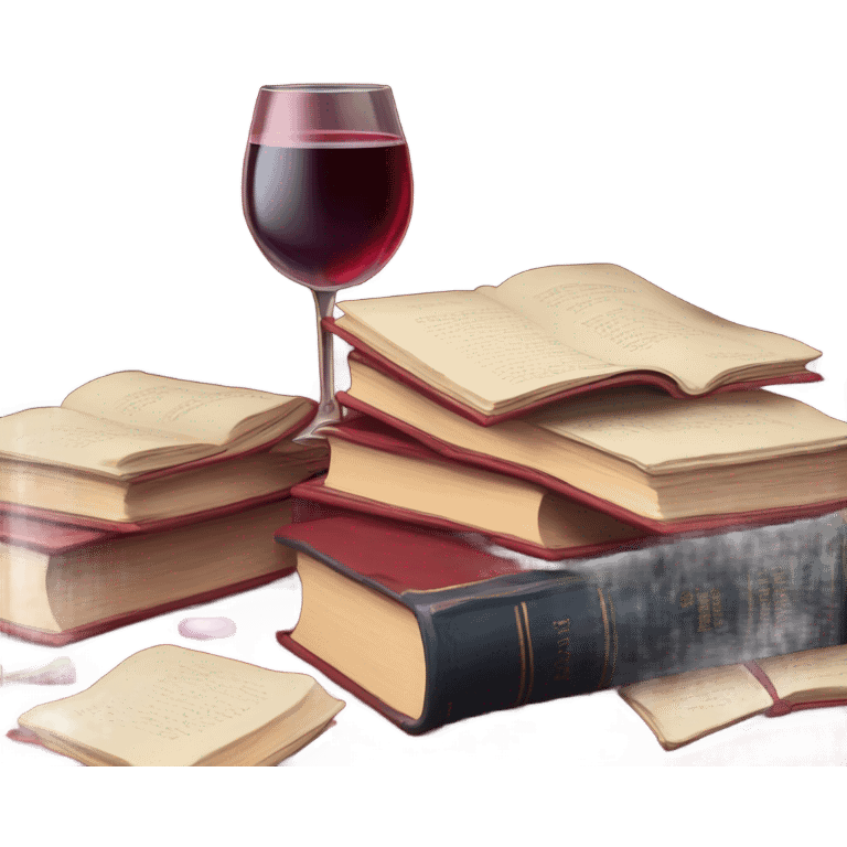 A deep red pile of books with classic dahlias and a spilled wine glass emoji