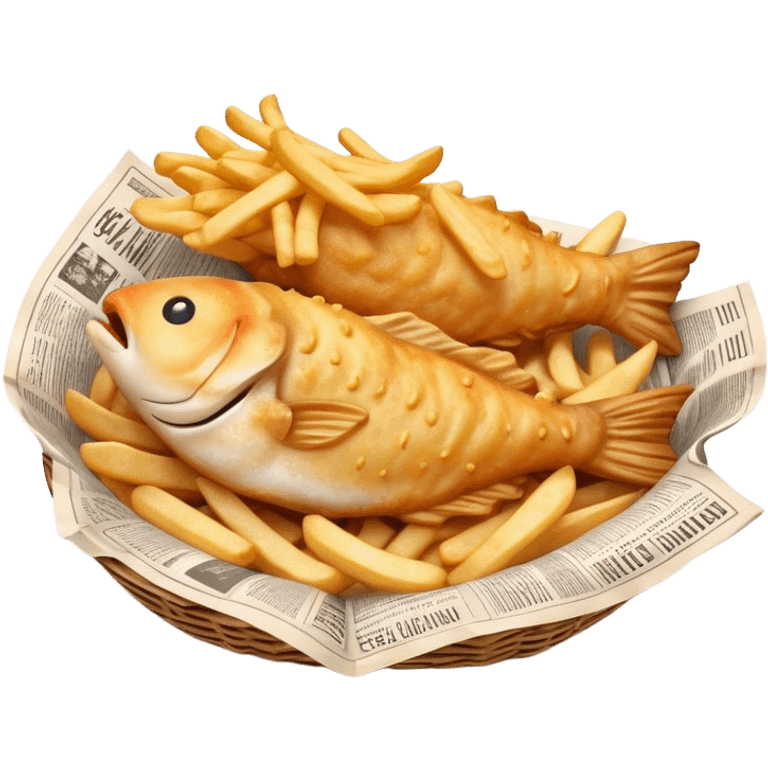 Cinematic Realistic Fish and Chips Dish Emoji, depicted with crispy golden battered fish and chunky hand‚Äêcut chips served in traditional newspaper wrapping, rendered with mouth‚Äêwatering texture and warm natural lighting that captures its quintessential British charm. emoji