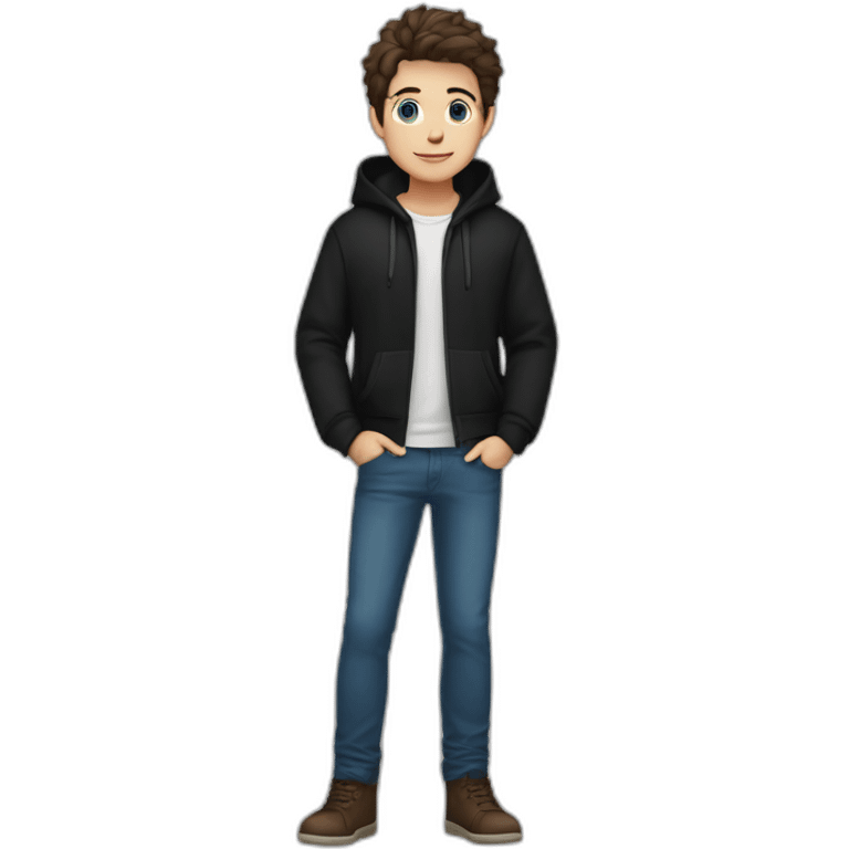 boy blue eyes and with short dark hair in black hoodie and blue jeans and girl with blue eyes brown hair in black pants in white shirt and brown jacket emoji