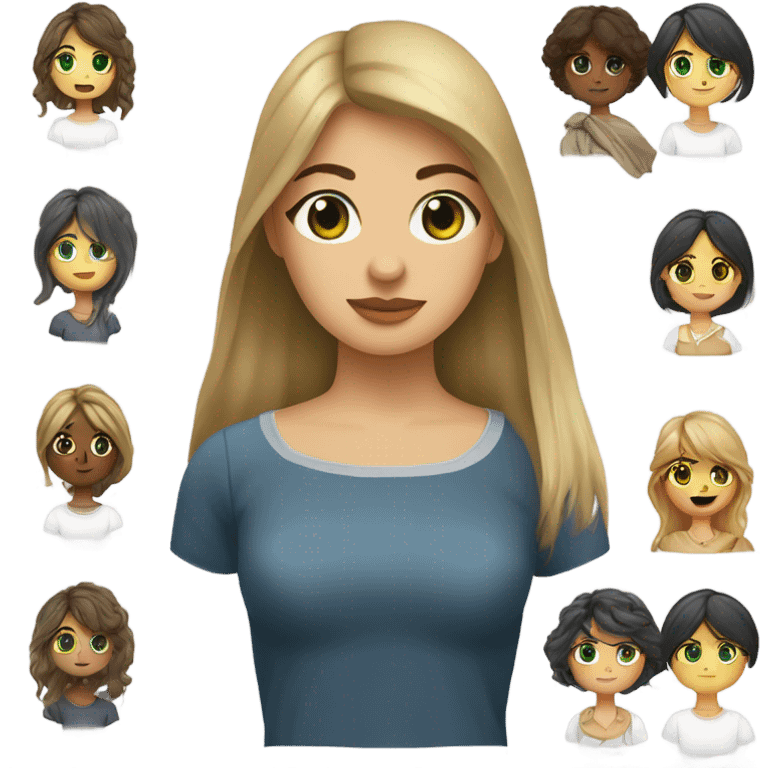 a woman emoji with golden brown shoulder length hair with curtain bangs. green-grey eyes. an oversized white ts hirt with dark blue sleeves emoji