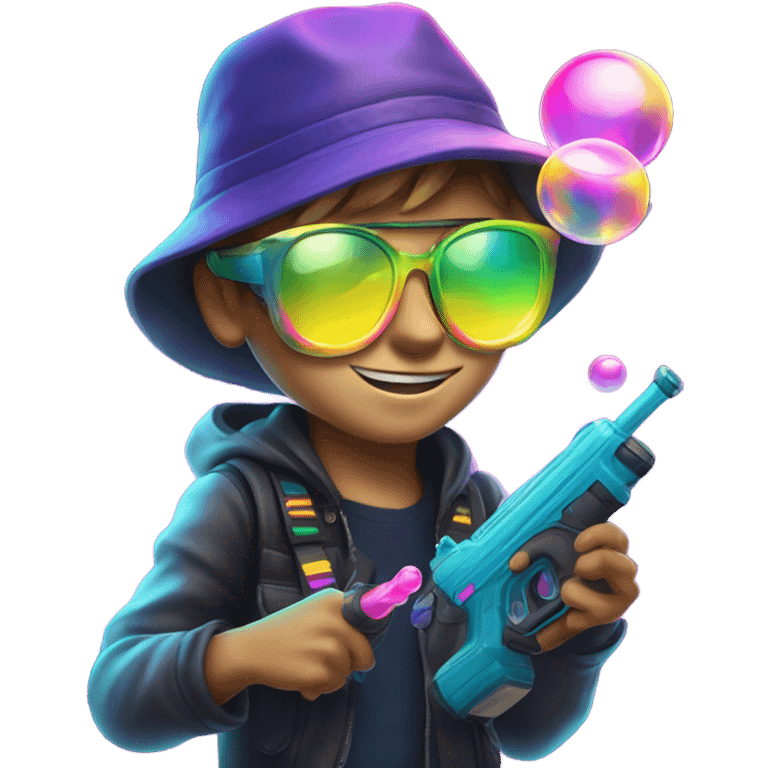 Caucasian boy in glowing rave gear with sunglasses and mask and hat and shooting a bubble gun emoji