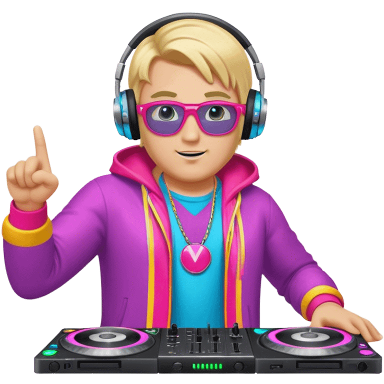 blond big man in colorful dj outfit pointing to front emoji