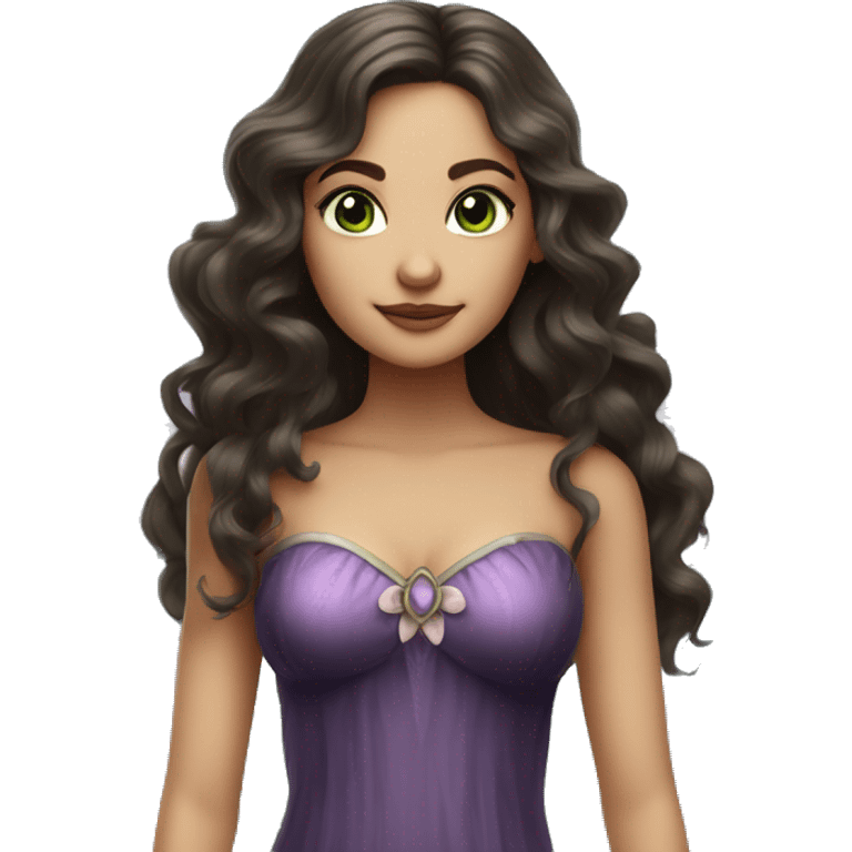 Brunnette woman with very long hair wavy style, dark green eyes And dressed as a fairy with very beautiful wings  emoji