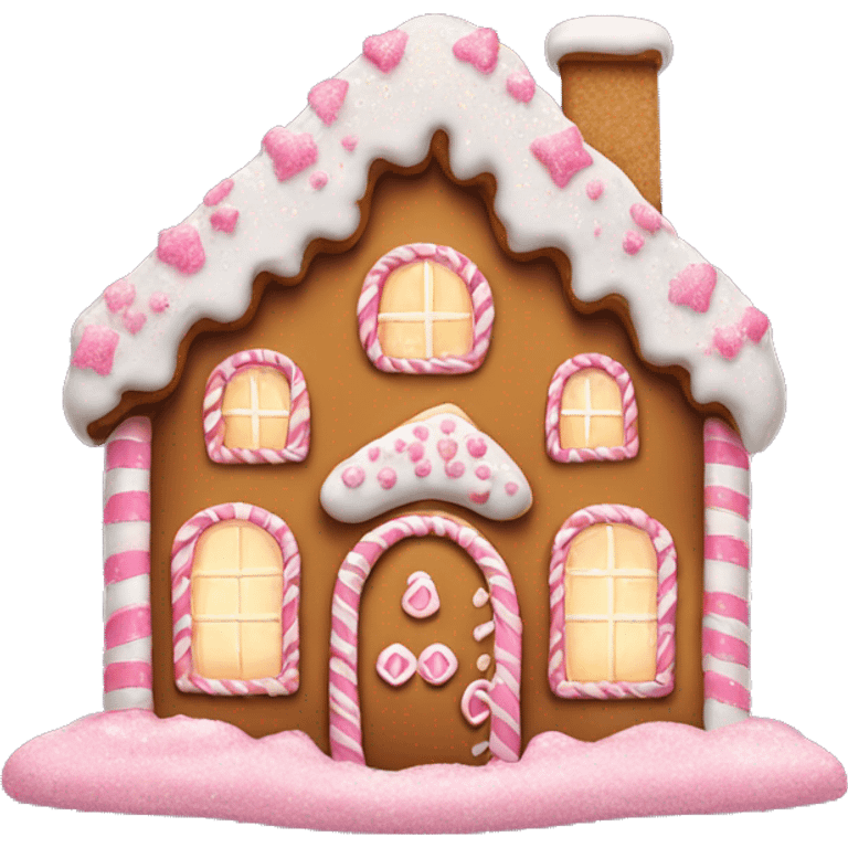 big gingerbread house with sparkles and pink and white icing sugar emoji