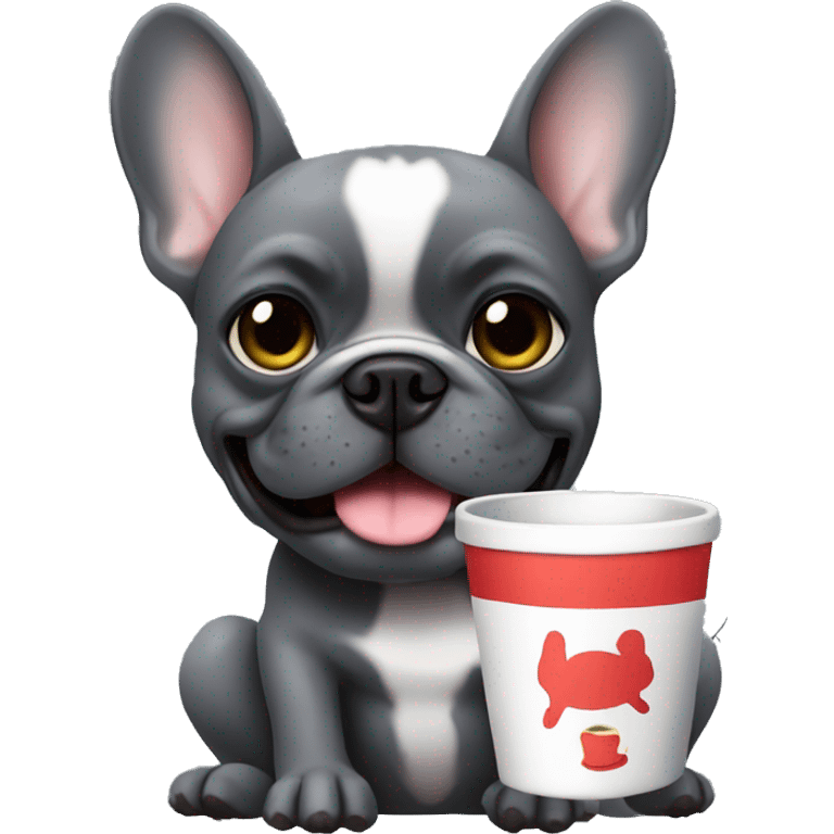 dark grey french bulldog holding a mug emoji