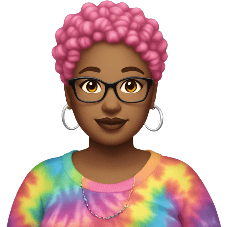 Plus size black woman with pink curly pixie cut hair and a rainbow tie dye sweater  emoji