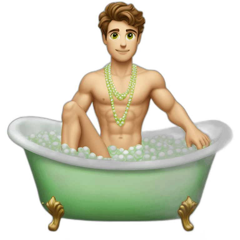 Posh-muscle-boy-brown-hair-green-eyes-pearl-necklace-in-golden-bathtub-legs emoji