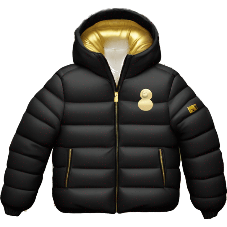 “Create an emoji of a black puffer jacket with a shiny metallic gold inner lining, featuring a hood and a sleek, modern style emoji