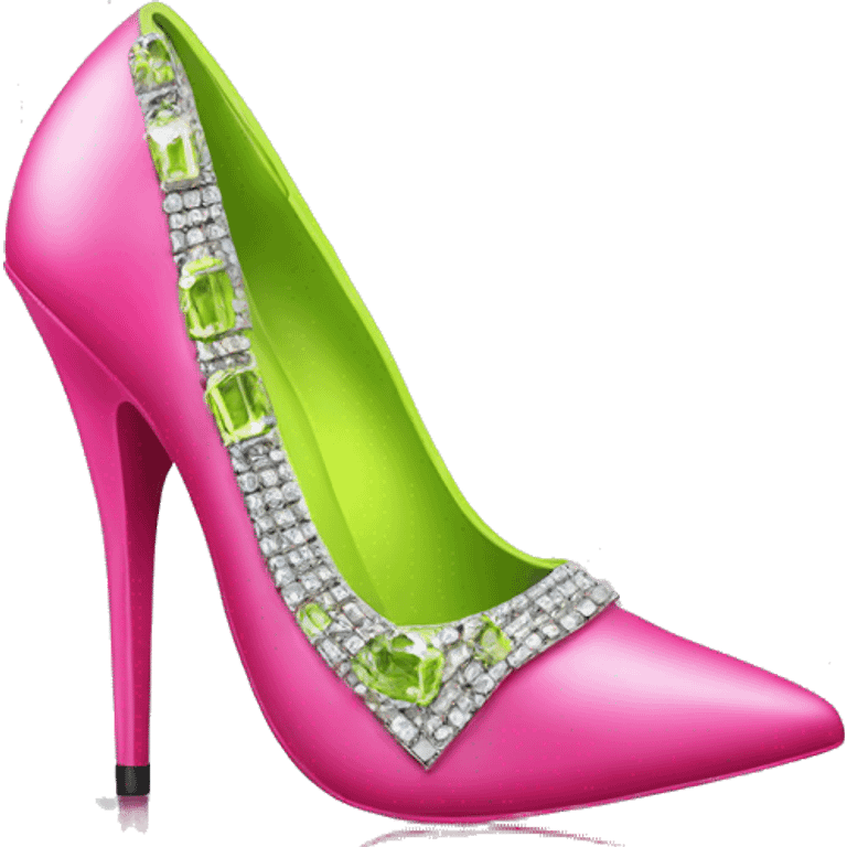 Realistic isolated top view of a pair of hot pink to lime green pointed toe high heel shoes with diamonds on them. emoji