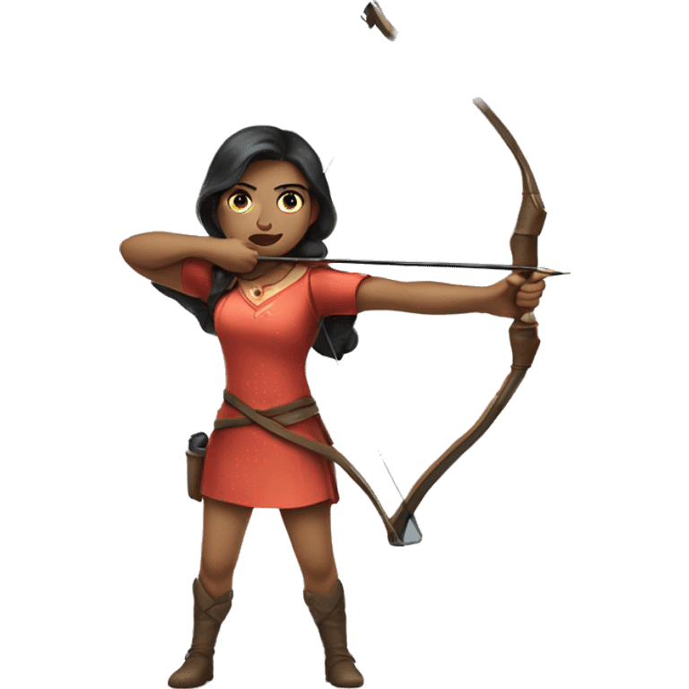 an archer aiming with a bow in her hand but no arrow, dark hair, bright skin, emoji