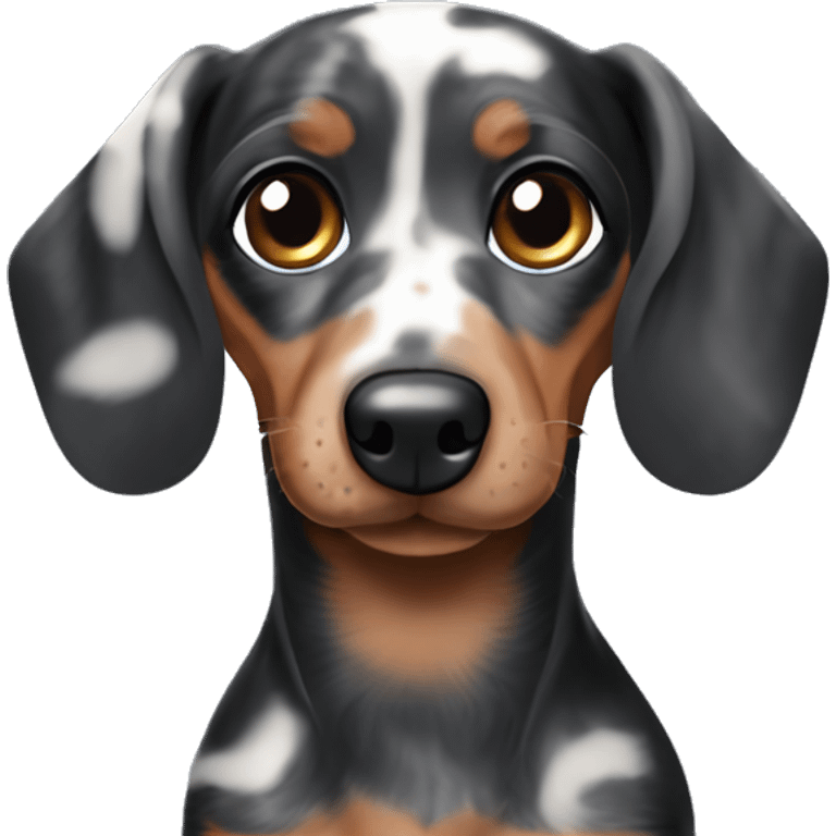 Black merle mini dachshund with one blue eye and one brown eye emoji