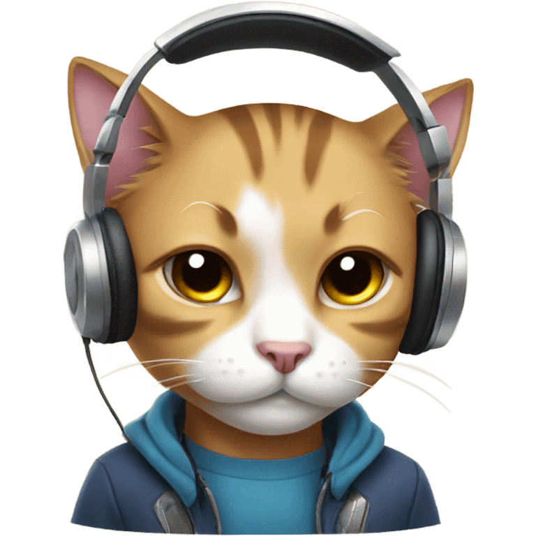 cat gamer with headphones is crying emoji