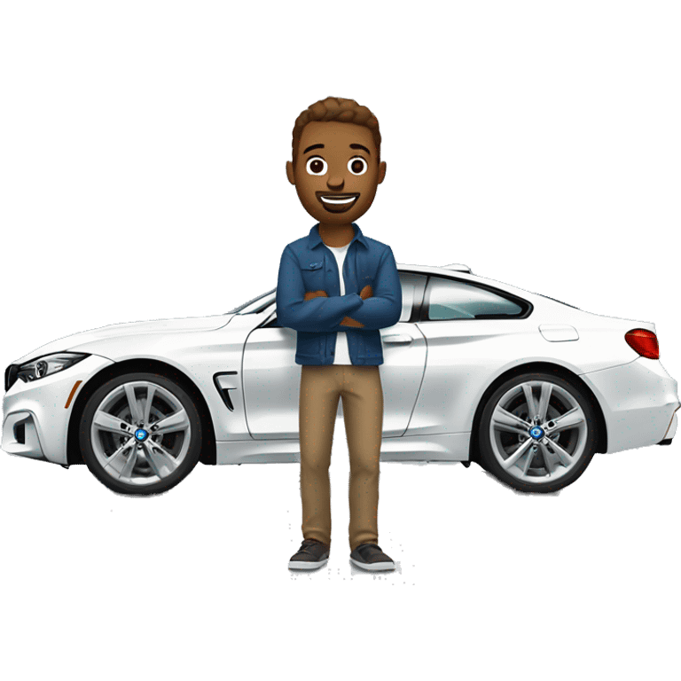 One white man with brown hair standing near blue bmw 4 series emoji