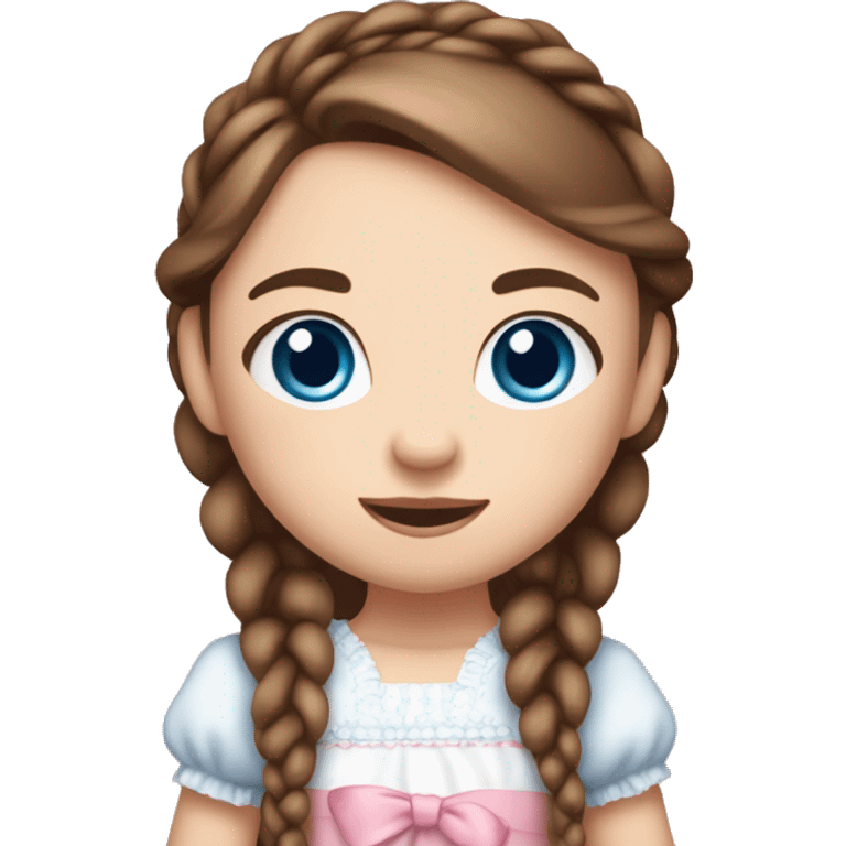 Little Girl with White skin, blue eyes. Long brown hair with two braids and two pink bows in it. She is wearing a pink and White dress, standing and holding on to a teddybear. emoji