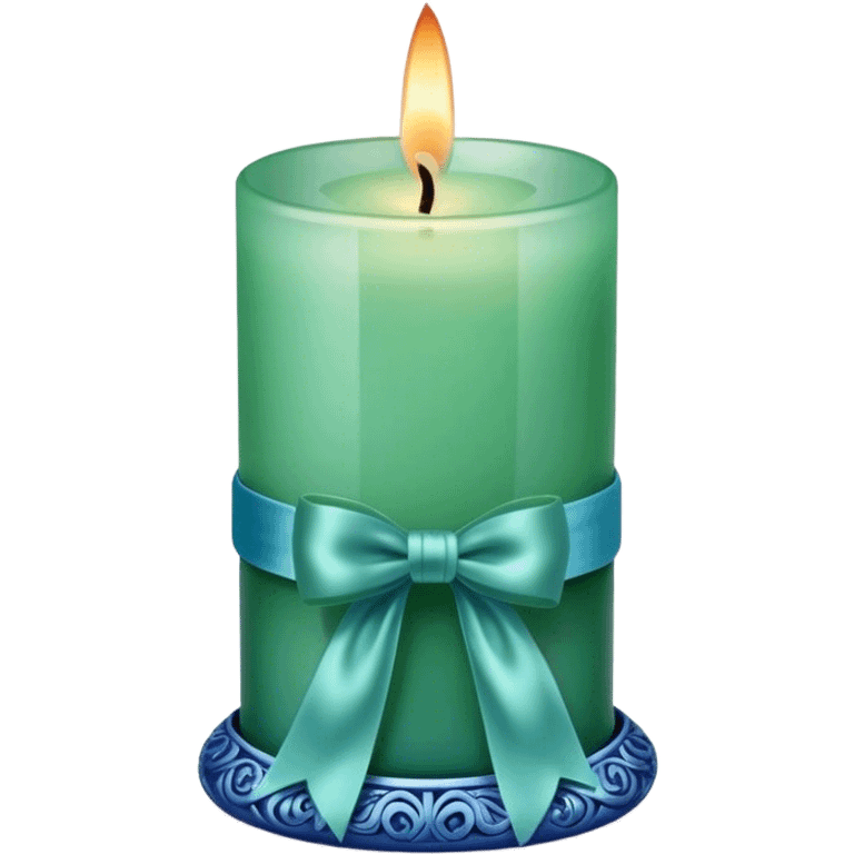 A soft blue candle in an ornate green glass holder, tied with a delicate satin blue bow. emoji