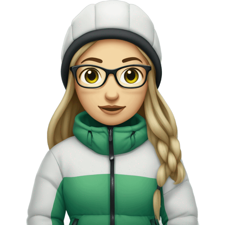 Green-eyed, slightly overweight female skier with long straight hair, glasses, light grey snow jacket, long black pants, black only snow boots, wearing black skis standing tall. emoji