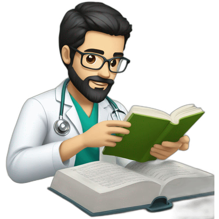 young spanish surgeon with black hair, black beard and stethoscope,reading a book emoji