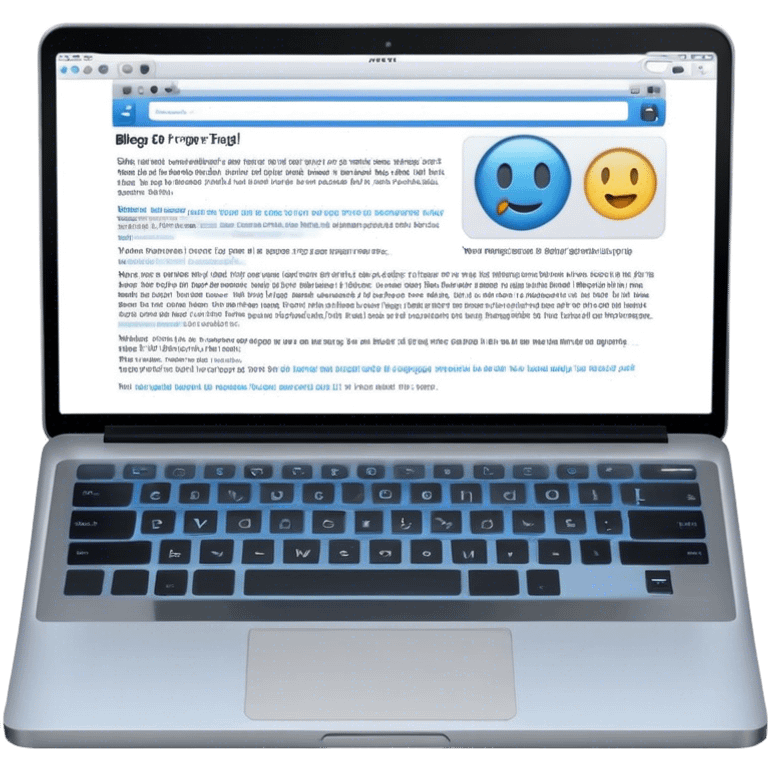 Create an emoji representing blogging. The design should feature an open laptop or tablet with a visible blog post with images on the screen. Use professional colors like blue, gray, and black. Make the background transparent. emoji