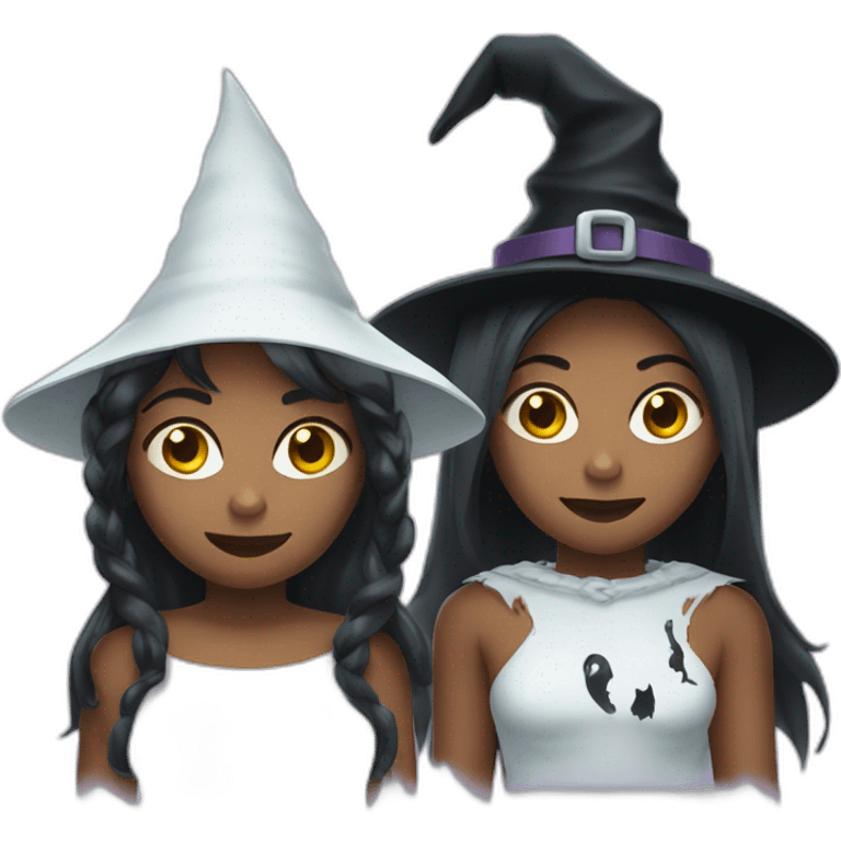 two girls with witch costume and chained ghost spirit costume emoji