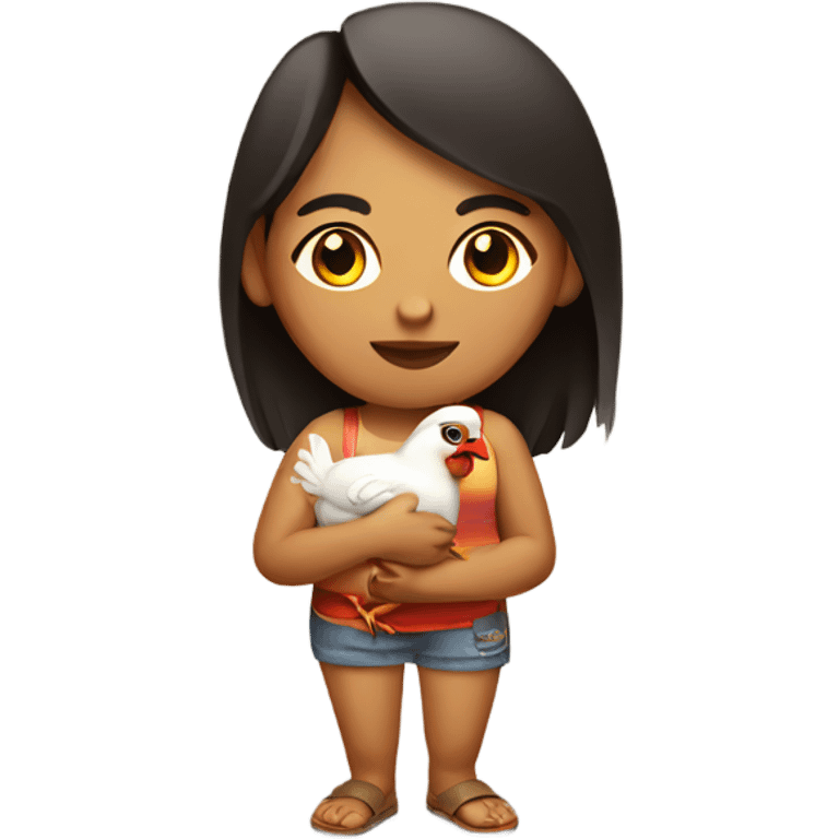 Peruvian female in shorts holding a chicken emoji