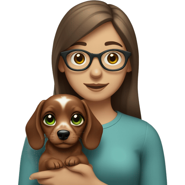 Two sisters, both with brown hair, one with glasses, and green eyes, and one with blue eyes. They both hold a mini sausage dog in their hands emoji