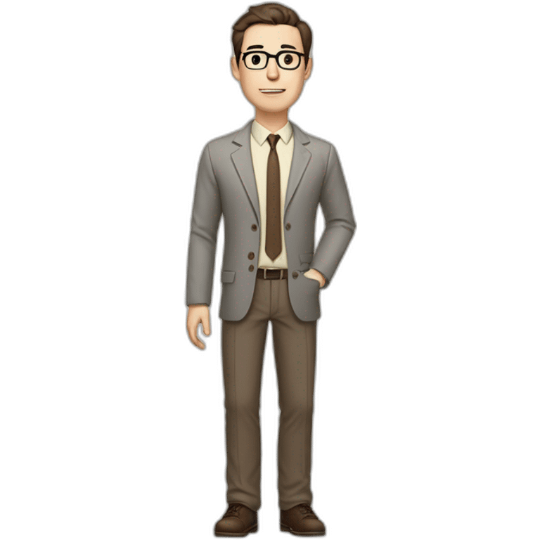 Full height Gesticulating Pale skinned fit man with dark brown hair in gray jacket, beige office shirt, brown tie, brown pants and vintage glasses. emoji