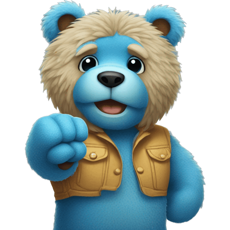 Blue fuzzy bear wearing clothes giving a fist bump  emoji