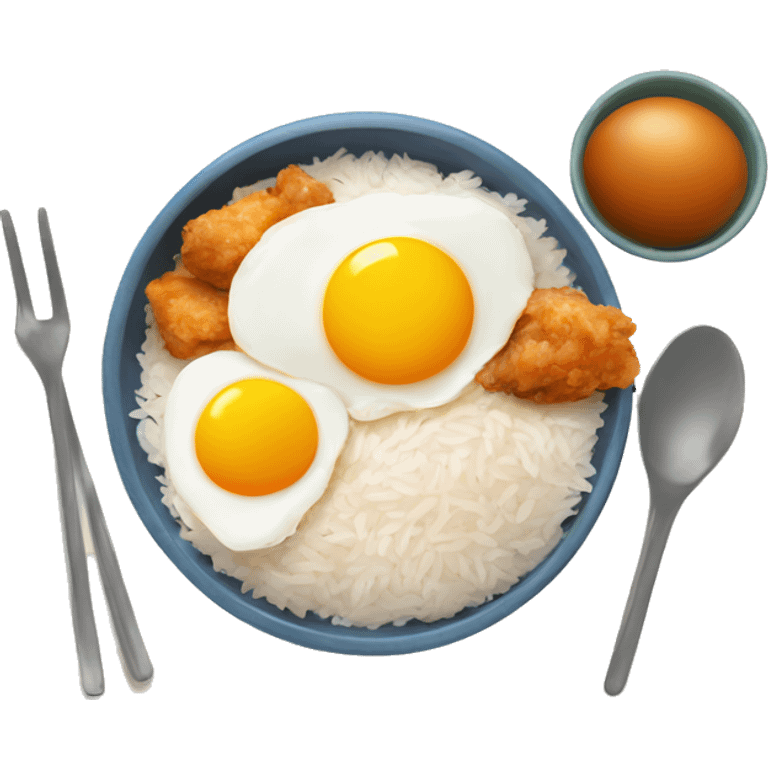 a bowl of rice with two eggs and chicken thigh emoji