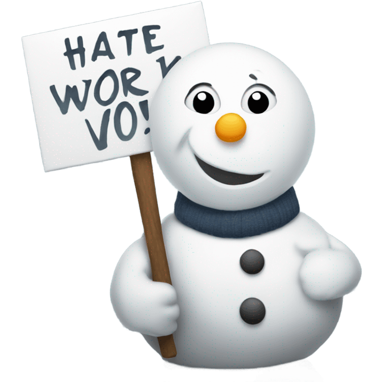 A snow man holding up a sign that says I hate work  emoji