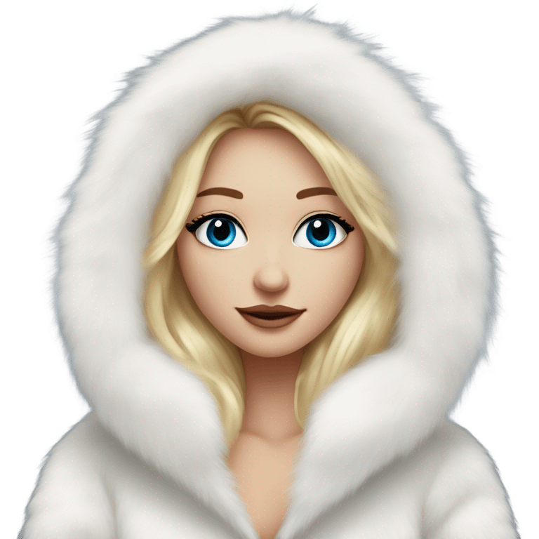 Beautiful Girl with lashes and blue eyes, blonde hair, in a extremely big fluffy oversized white fur coat with hood on. The fur is real and it’s very obvious big and fluffy  emoji