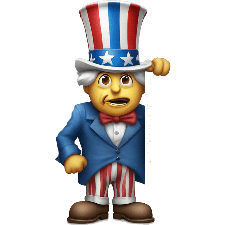 Uncle Sam with pitiful eyes holds a sign at full height waist photorealistic serious emoji