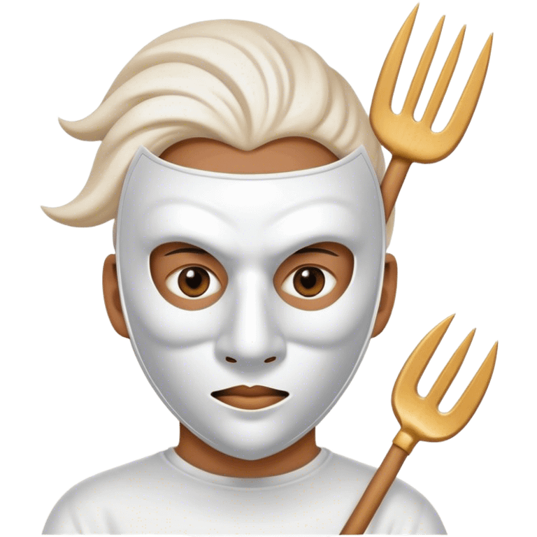 all white mask with point on top and cut out holese on the eyes holding a pitchfork emoji