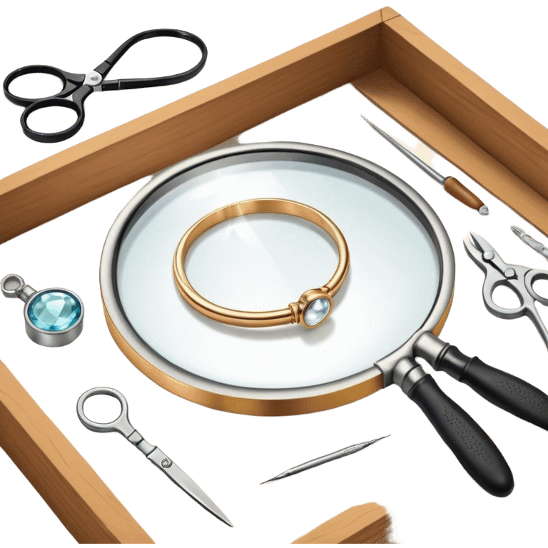 Create an icon that represents the art of jewelry making. The design should feature 1-2 pieces of jewelry, such as a ring or necklace, in progress. Include a small workbench or table, a magnifying glass, and tools like pliers and tweezers. The composition should feel elegant and detailed, showcasing the precision and skill involved in crafting jewelry. The background should be transparent. emoji