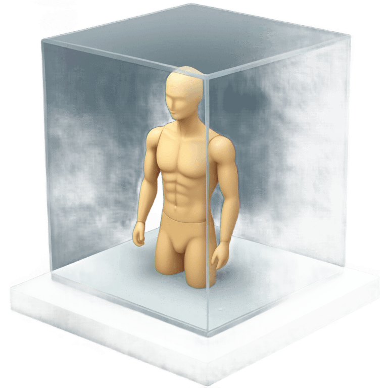 male mannequin abs cubes inside a glass cube on a stand isometric view emoji