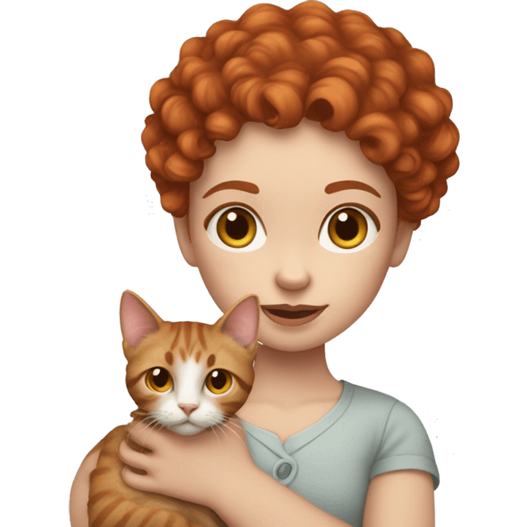 Pale skin Red hair curly girl holding tabby cat emoji