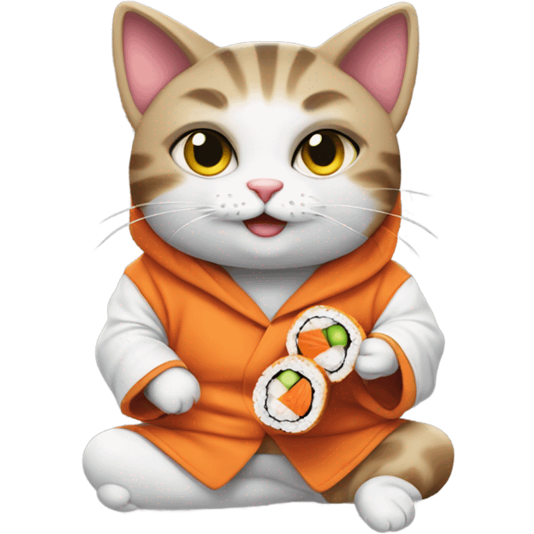 Cat wearing a hoodie eating sushi emoji