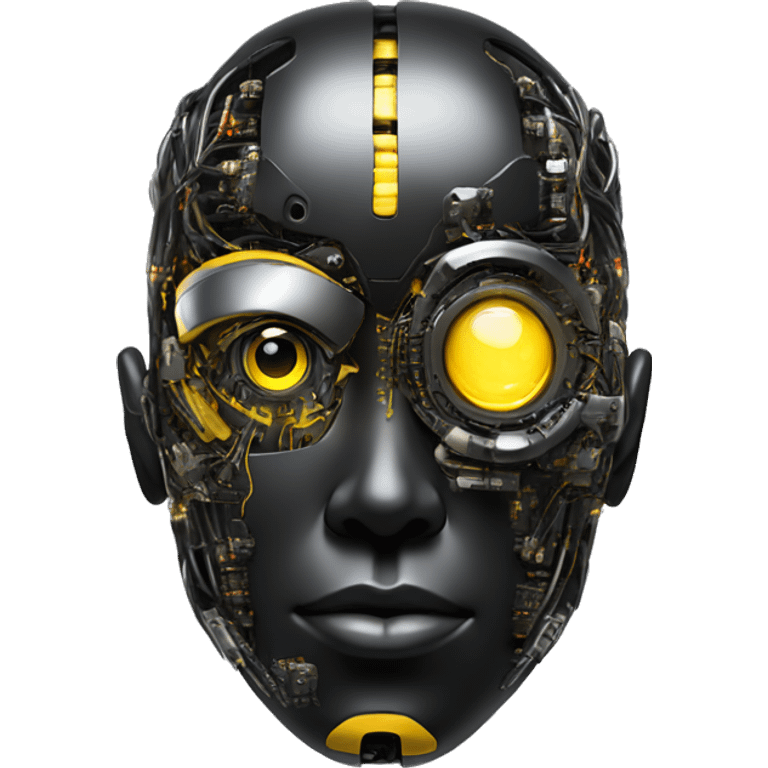 black and yellow cyborg head with circuitry and artificial eyeball emoji