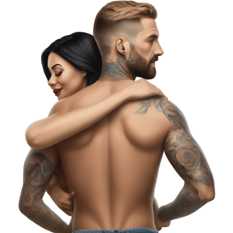 Hyper Realistic beautiful woman climbing a handsome tattooed man's back emoji