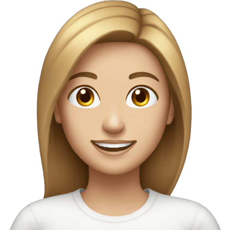 Woman in her late twenties, white, brown hair smiling, tshirt jeans emoji