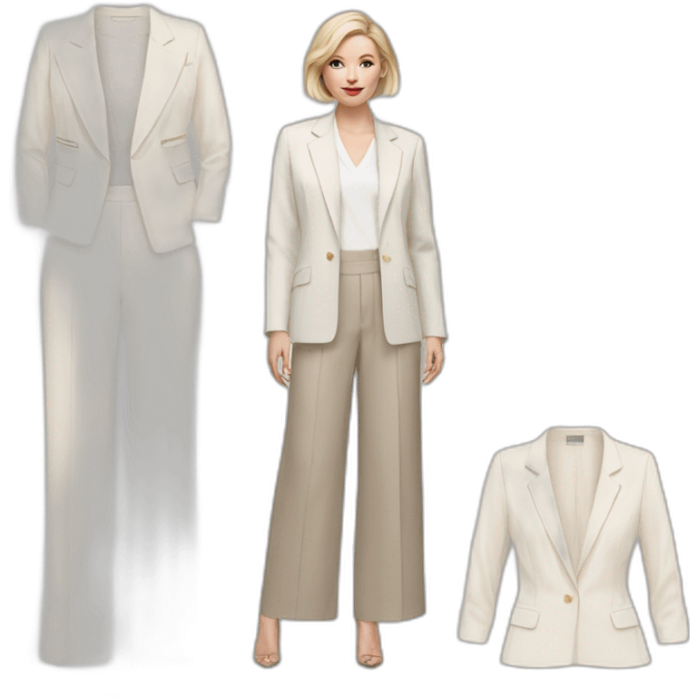 pale skin woman with ash blonde Straightened bob Hair, White Spacious classical jacket, beige palazzo Arrow pants and gray blouse holding a color palettes in the hands emoji