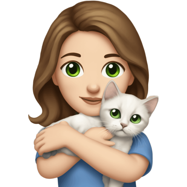 white woman with medium-length brown hair, green eyes and brown freckles on the face under the eyes, holding her sacre de birmanie kitten in her arms with much love, the baby cat has blue eyes, a lot of spots of dark on ears and middle of the face. emoji