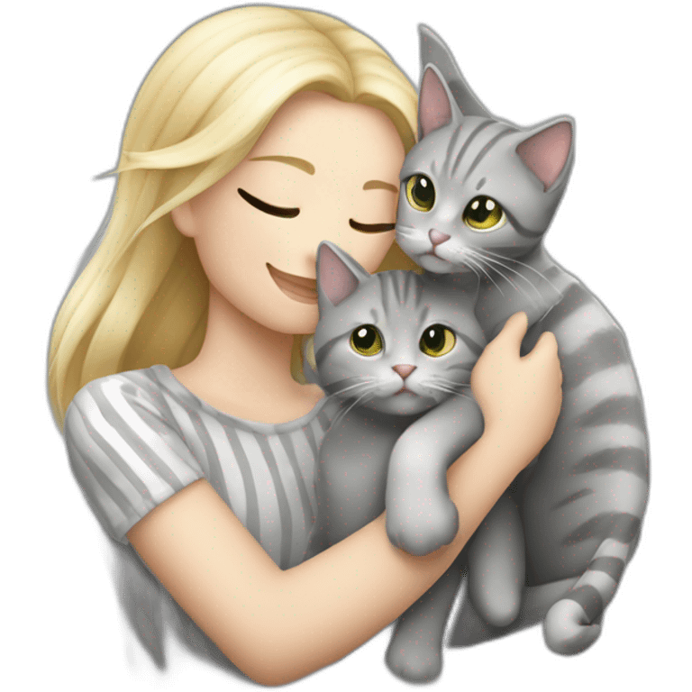 A blond whit hirl with som silver roundglasess is hugging a grey stripet cat and there ar alot of harts emoji