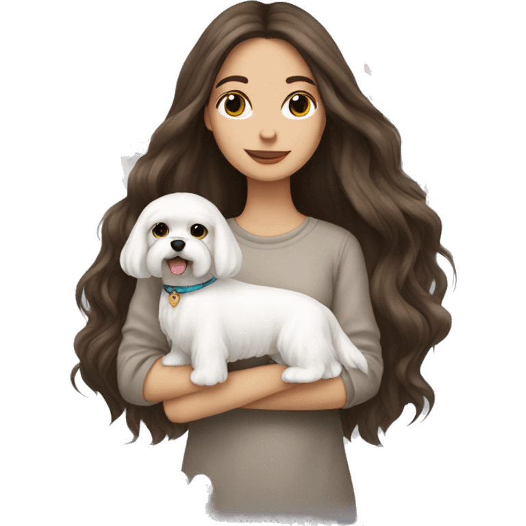 Brunette girl long hair holding a white  Maltese dog emoji